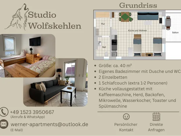 Studio Wolfskehlen Apartment 1-3 Personen Einzelbetten