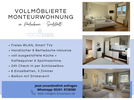 Monteurwohnung Südstadt Paderborn | 6 Personen | 3 Zimmer | Einzelbetten | WLAN | Smart TV | kostenl. Kaffee | Balkon | Handtücher